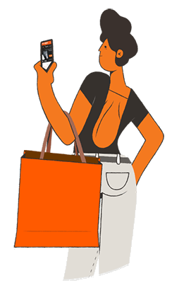 ilustração mulher com bolsa segurando celular acessando shopping smiles